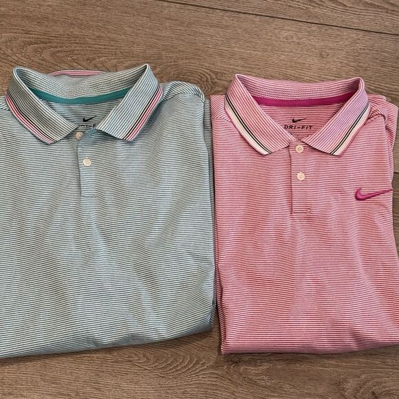 Nike Dri-Fit Polo Shirt Mens Large Teal Pink Striped Swoosh Golf Casual Lot Of 2 - Picture 1 of 11